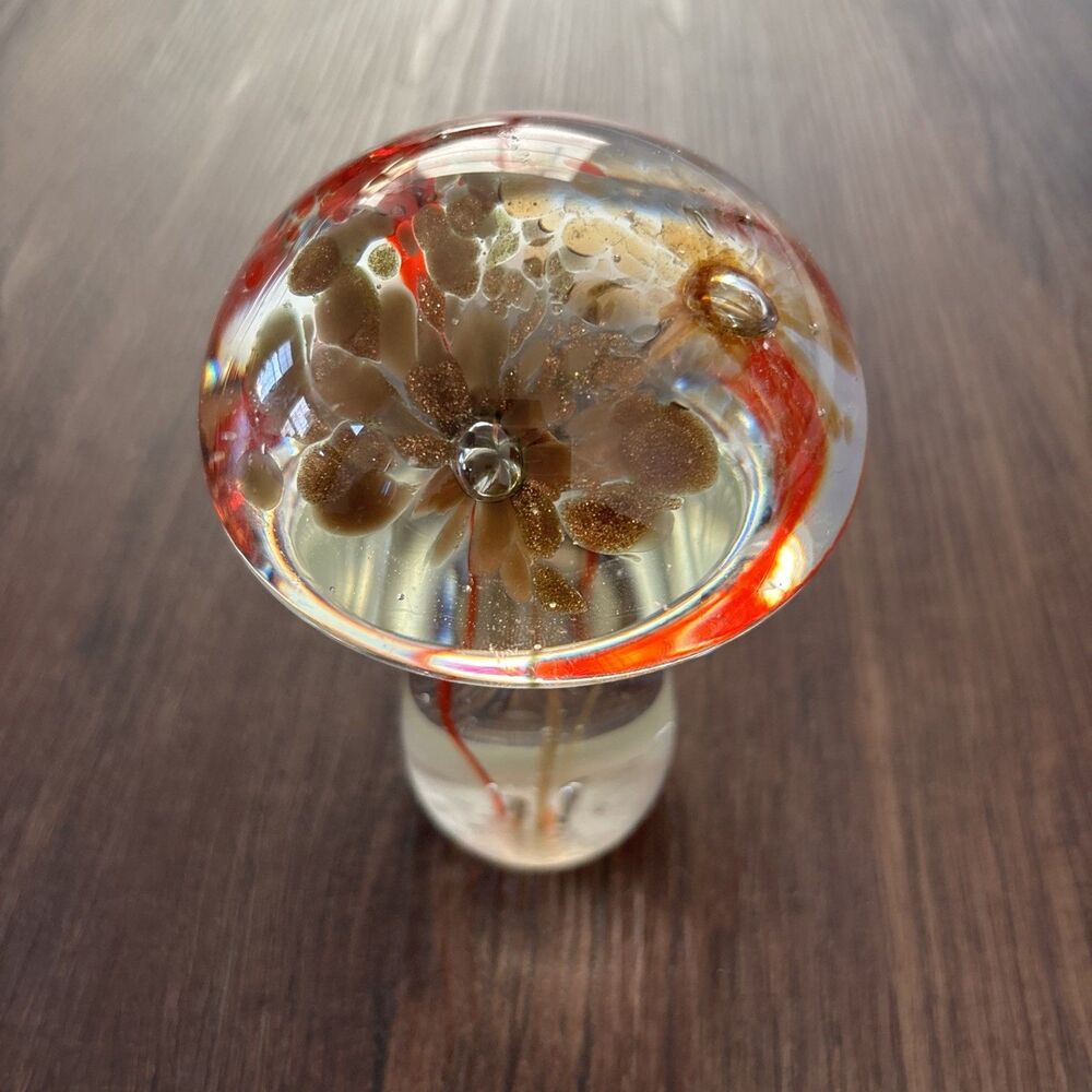 Vintage Art Glass Mushroom Paperweight Gold Red  MCM 70s Glitter Granny Retro